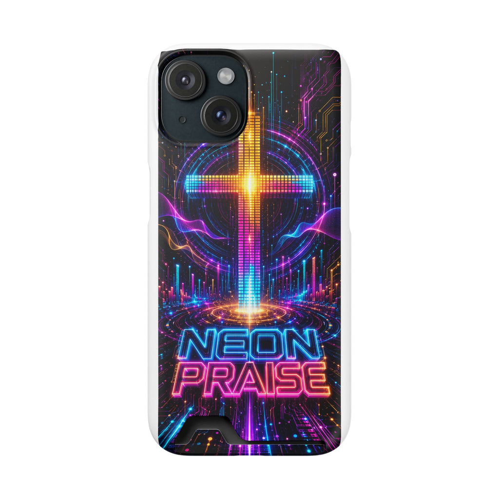 Neon Praise Phone Case with Card Holder — Retro Cross Glow Design