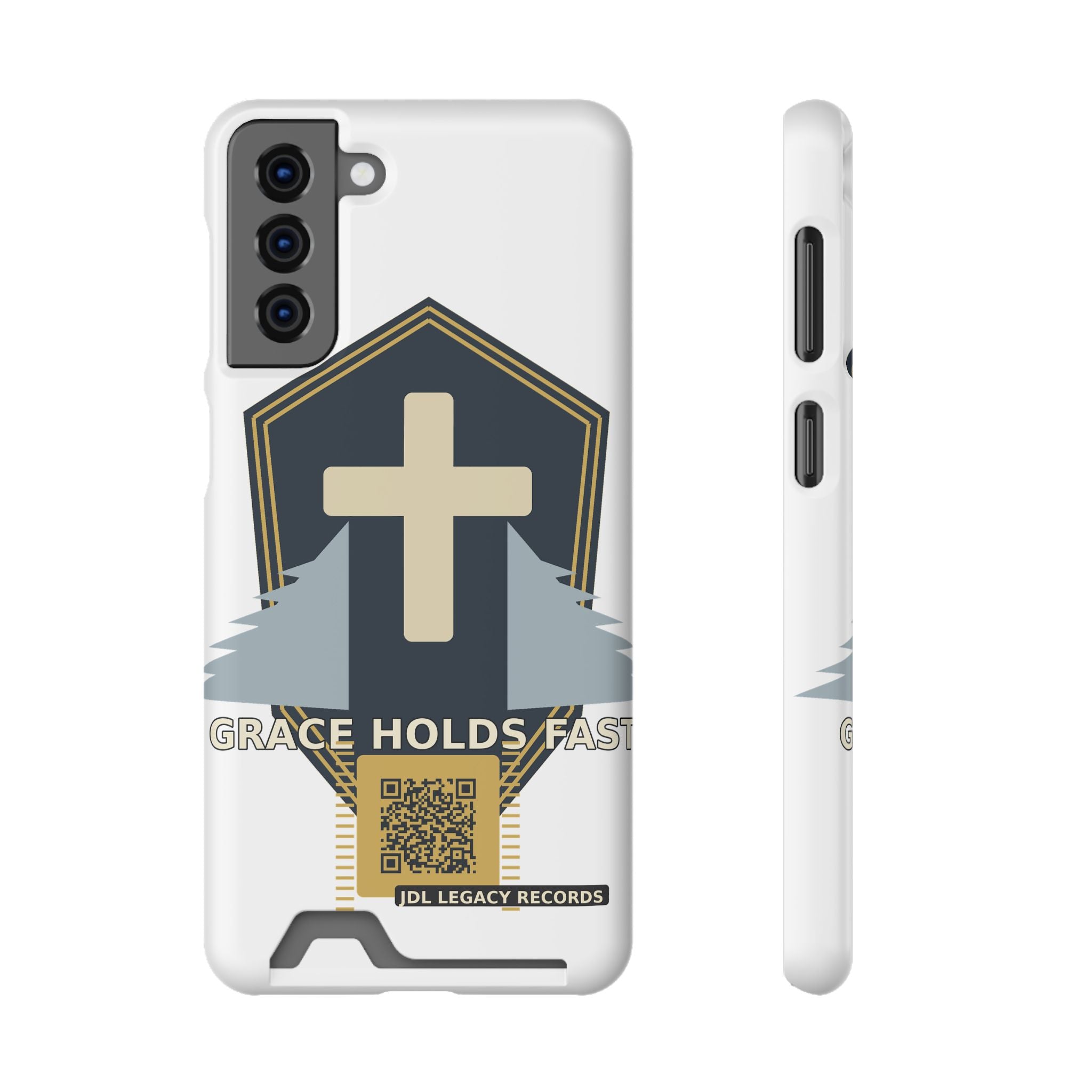 Christian Cross Phone Card Case — "Grace Holds Fast" RFID Cardholder Phone Case