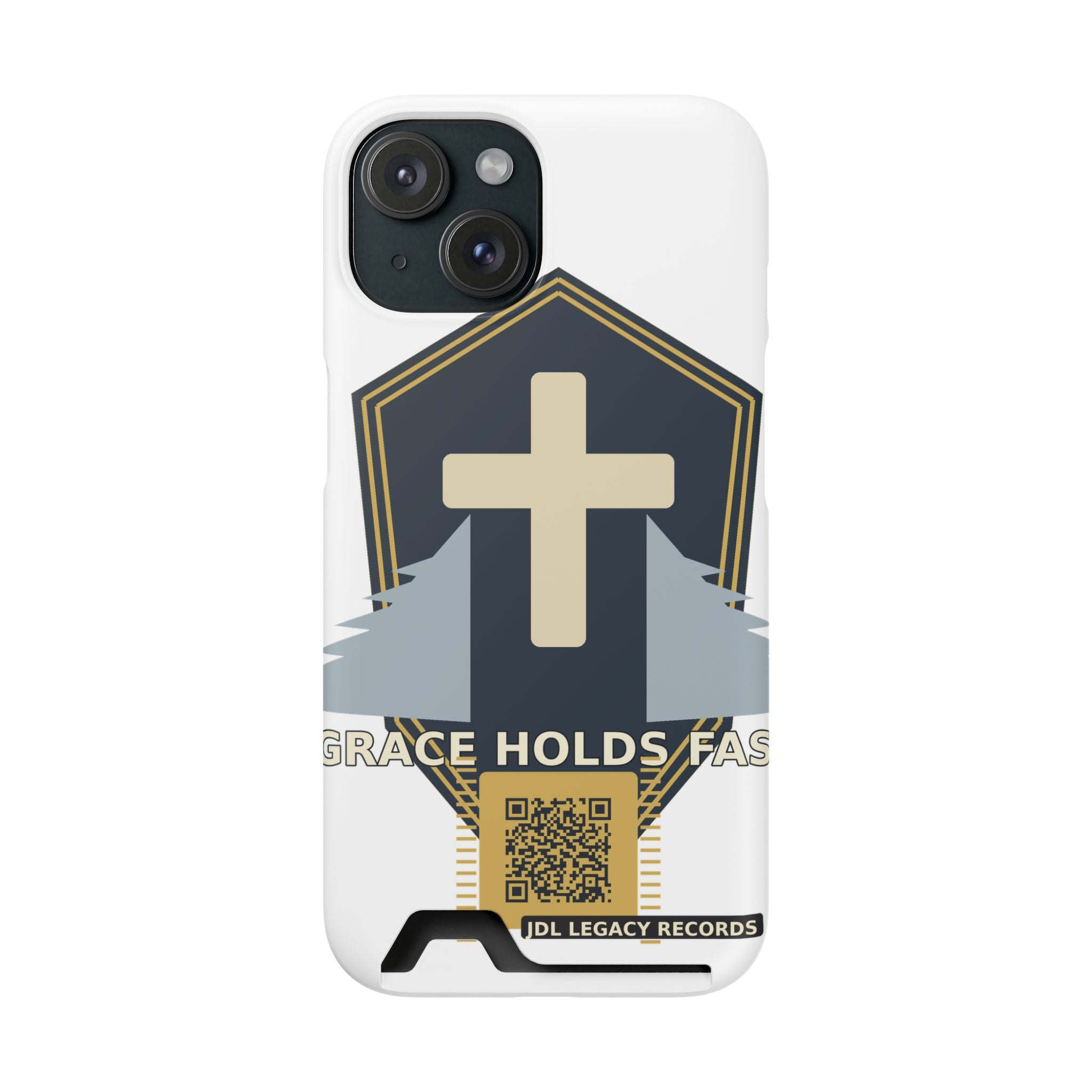 Christian Cross Phone Card Case — "Grace Holds Fast" RFID Cardholder Phone Case