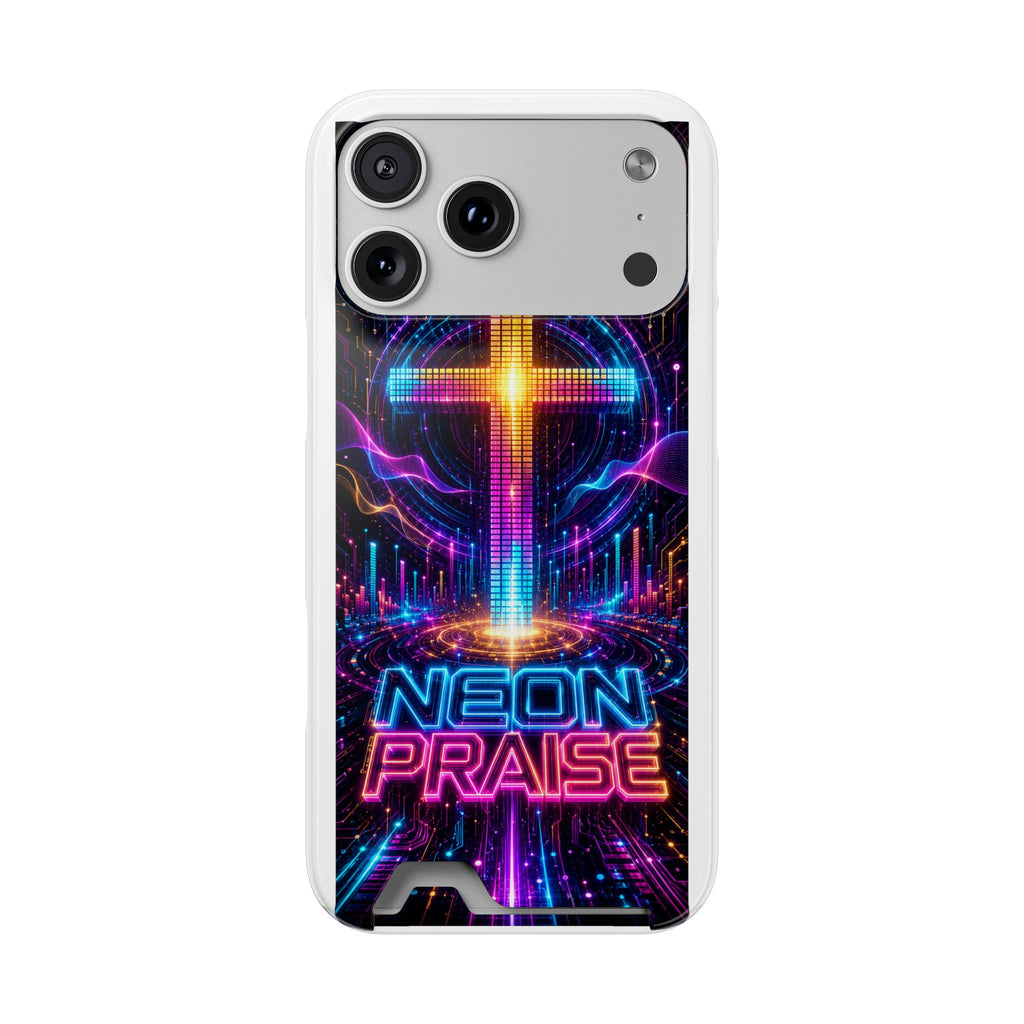 Neon Praise Phone Case with Card Holder — Retro Cross Glow Design