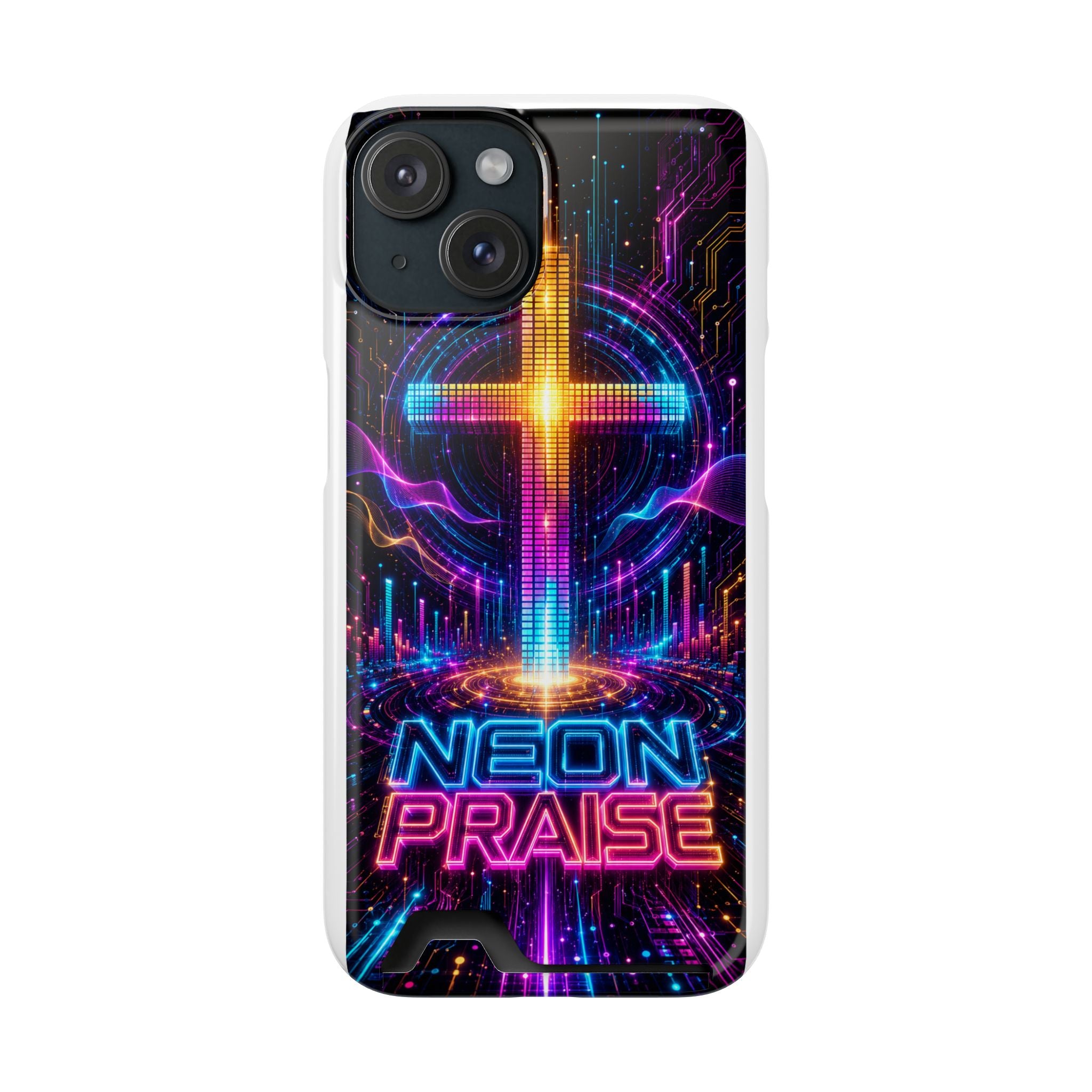 Neon Praise Phone Case with Card Holder — Retro Cross Glow Design
