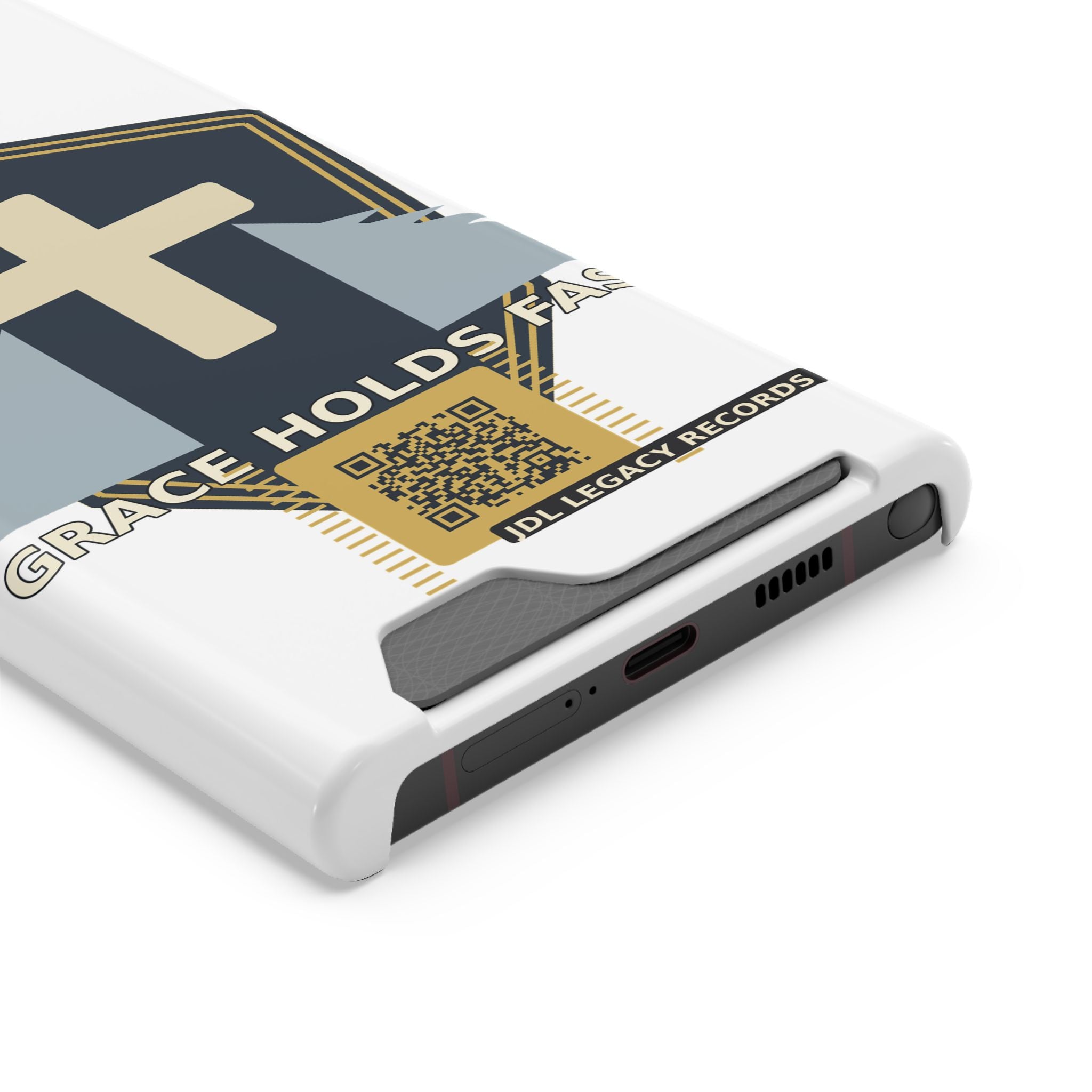 Christian Cross Phone Card Case — "Grace Holds Fast" RFID Cardholder Phone Case