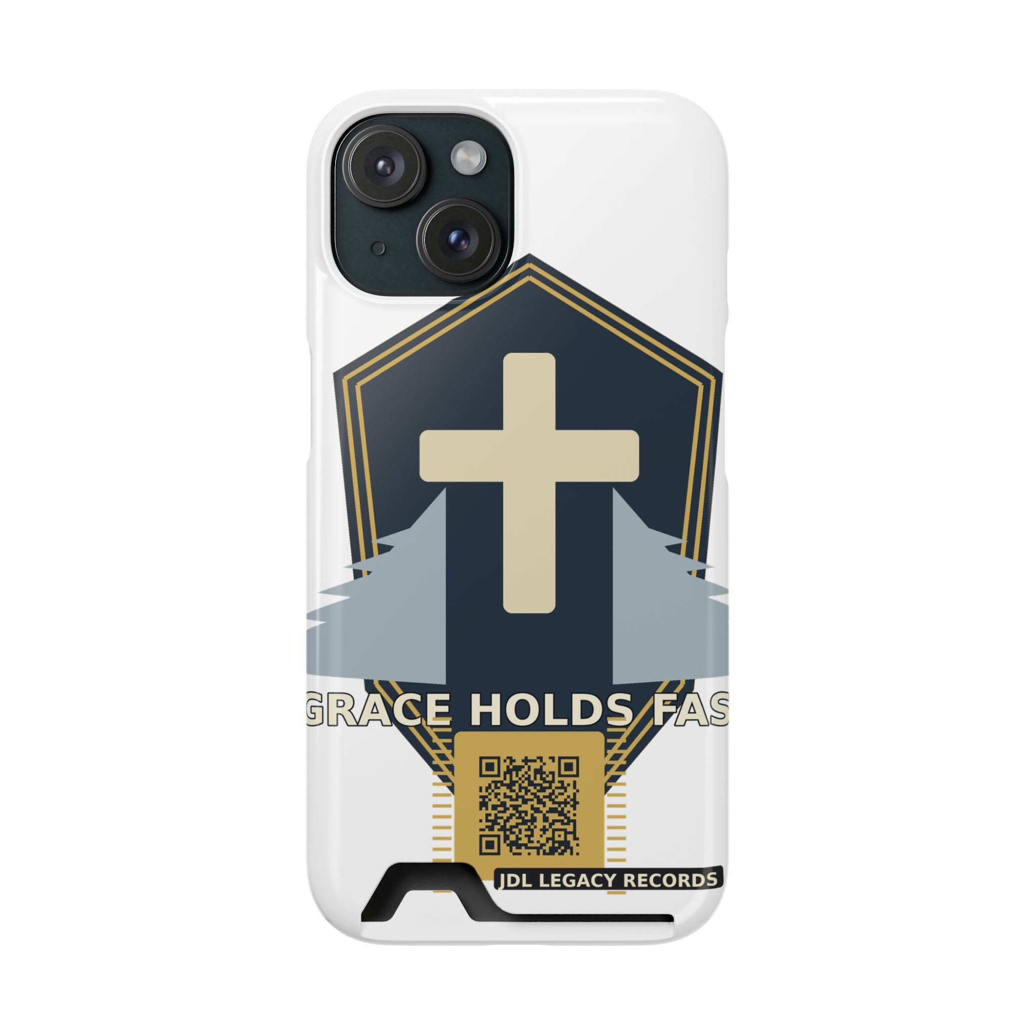Christian Cross Phone Card Case — "Grace Holds Fast" RFID Cardholder Phone Case