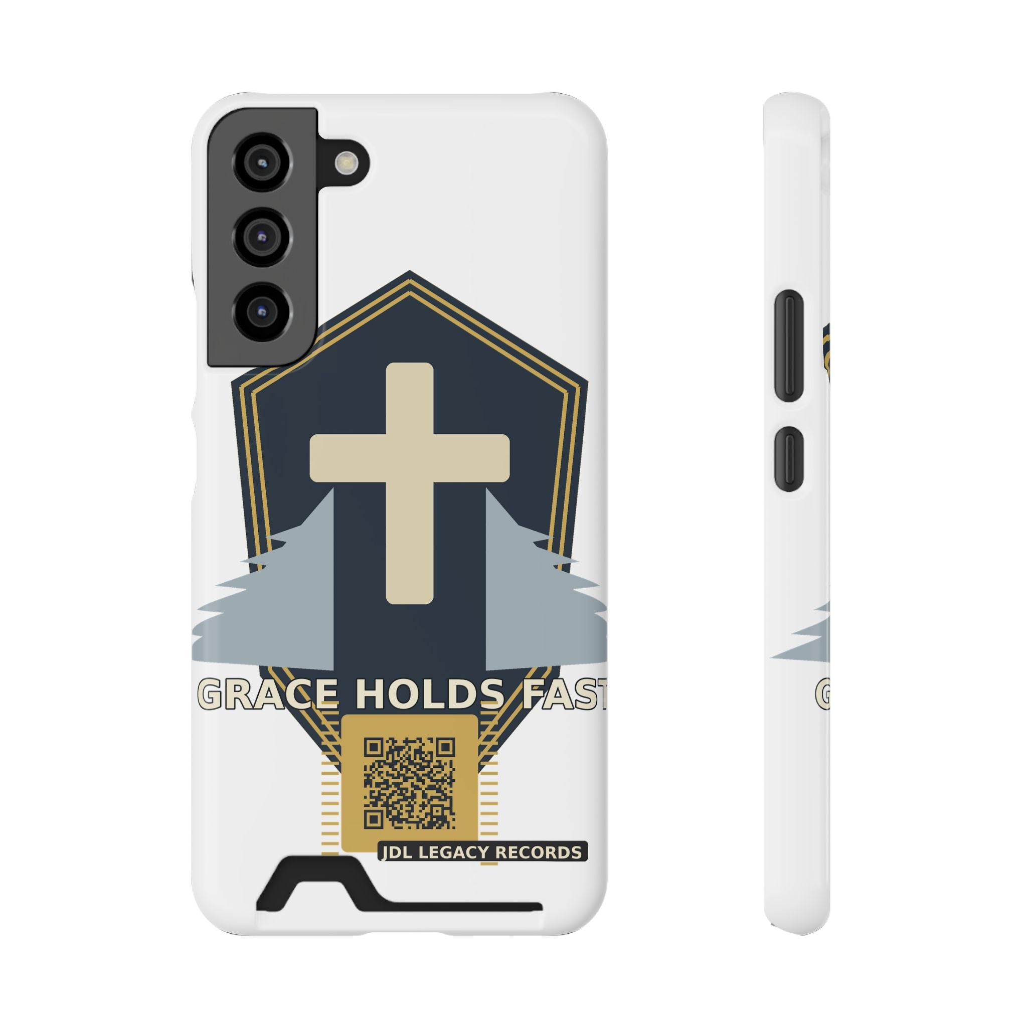 Christian Cross Phone Card Case — "Grace Holds Fast" RFID Cardholder Phone Case