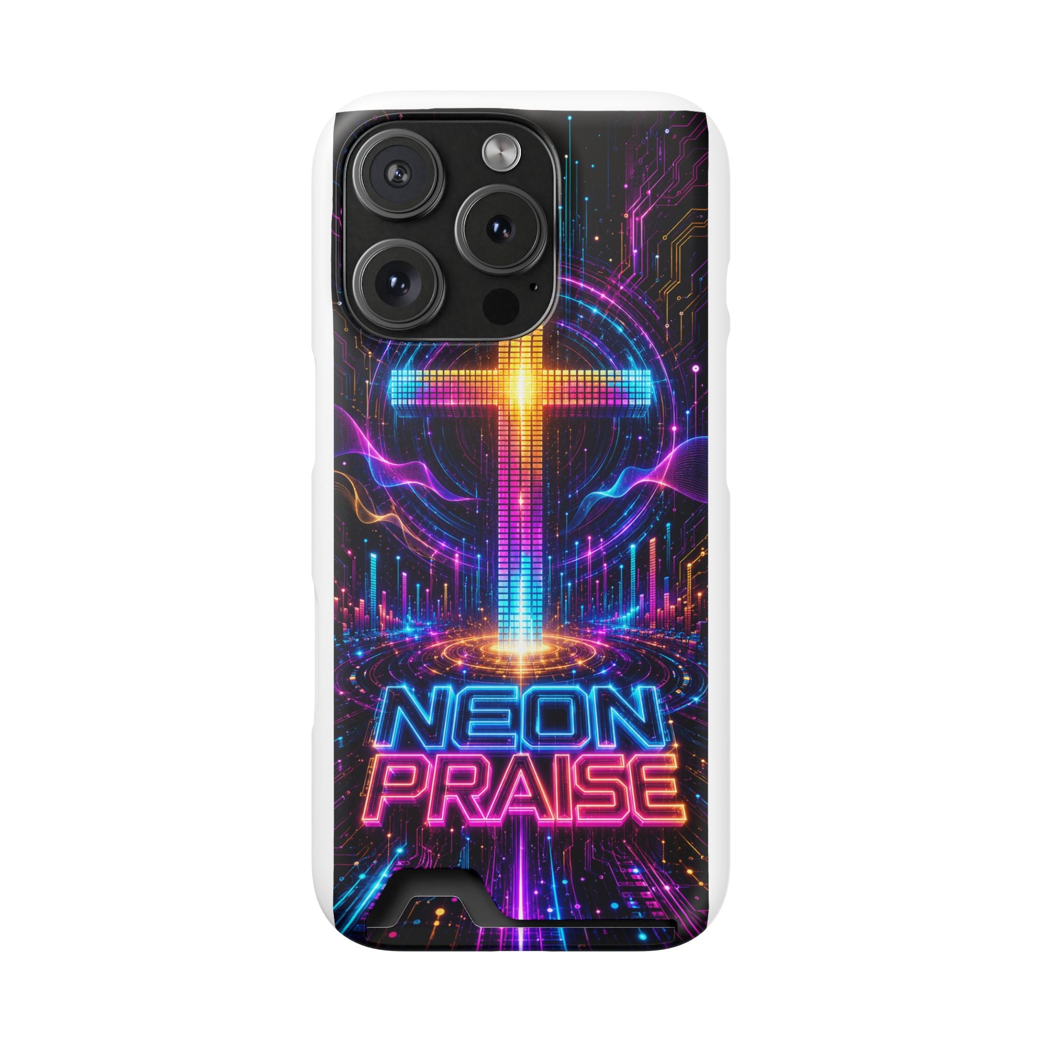 Neon Praise Phone Case with Card Holder — Retro Cross Glow Design