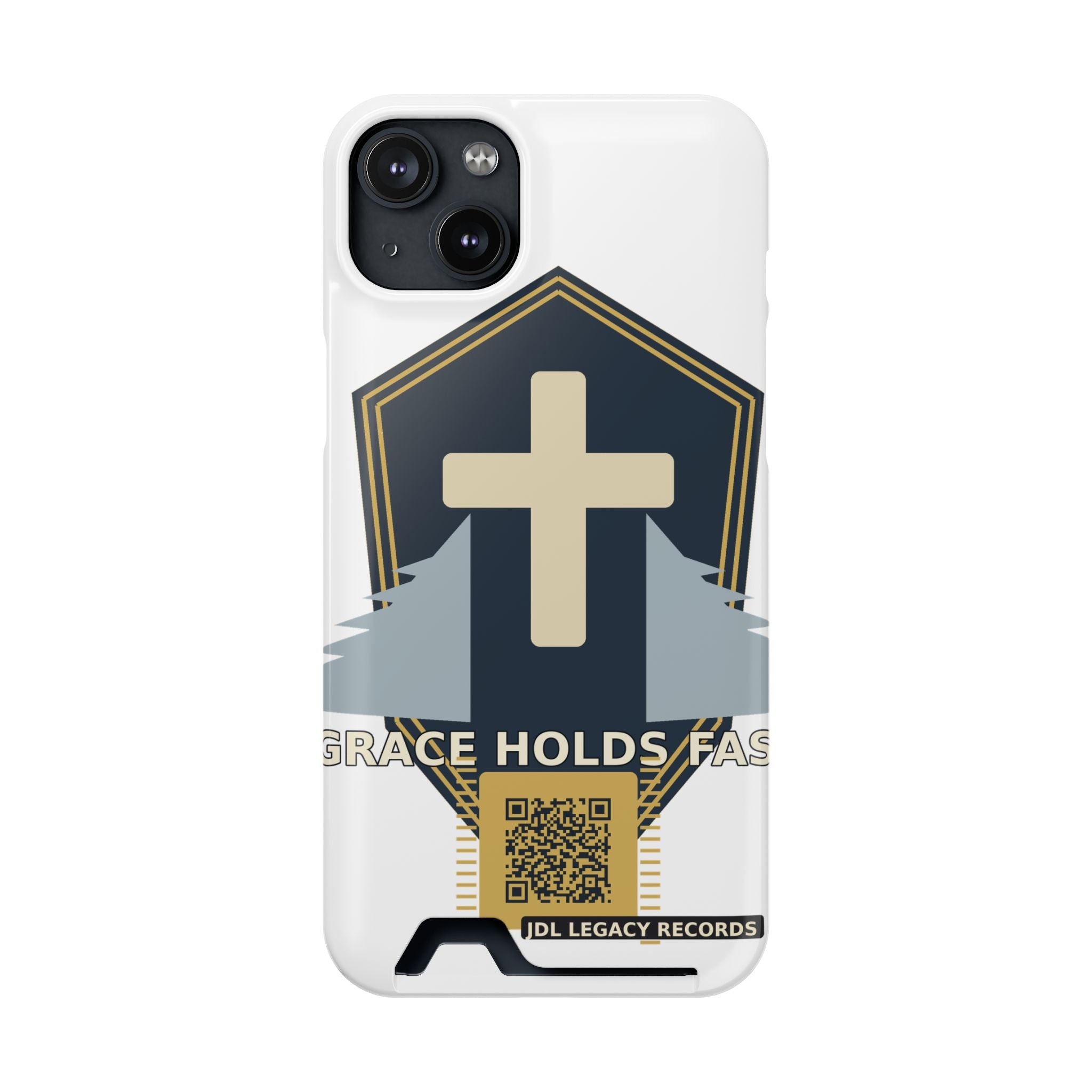 Christian Cross Phone Card Case — "Grace Holds Fast" RFID Cardholder Phone Case
