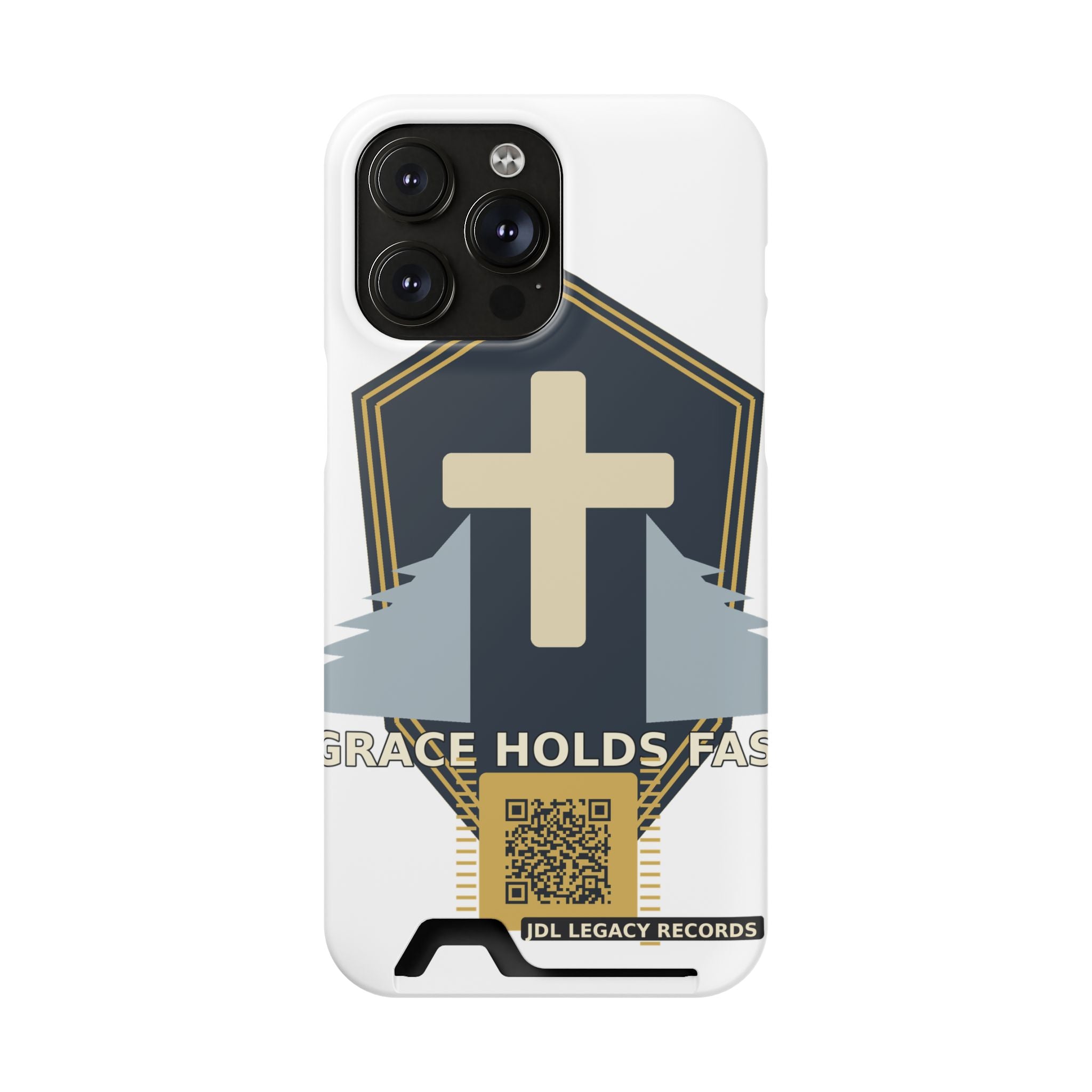 Christian Cross Phone Card Case — "Grace Holds Fast" RFID Cardholder Phone Case