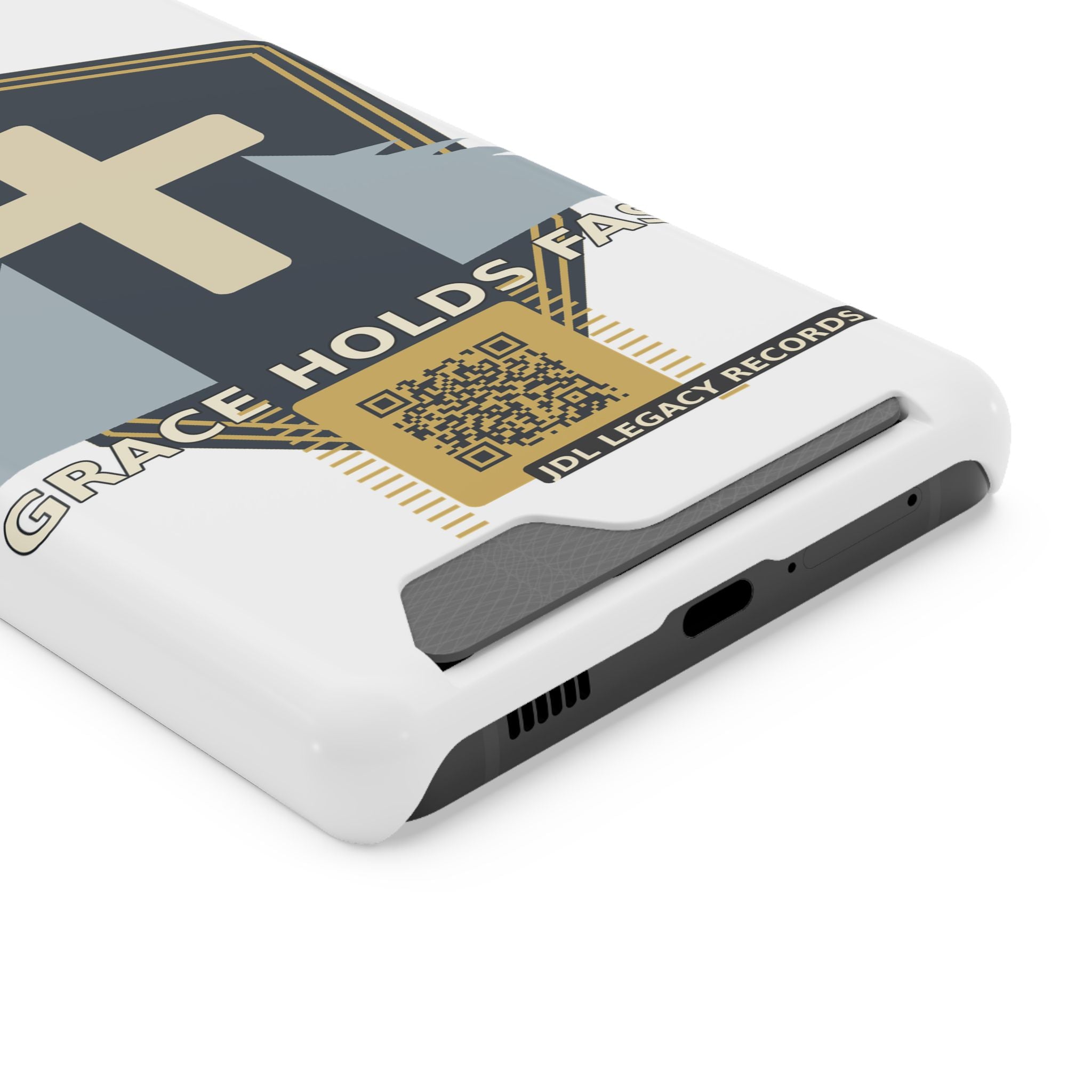 Christian Cross Phone Card Case — "Grace Holds Fast" RFID Cardholder Phone Case