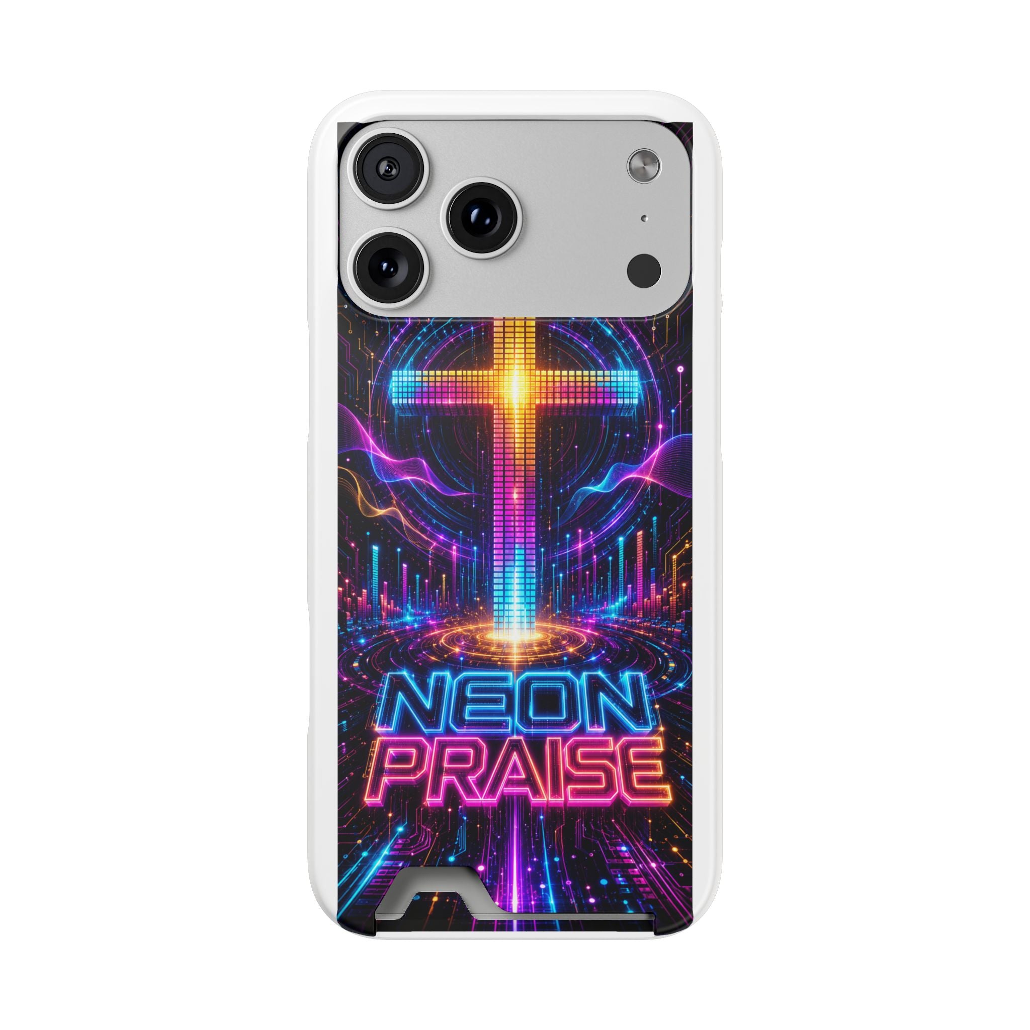 Neon Praise Phone Case with Card Holder — Retro Cross Glow Design
