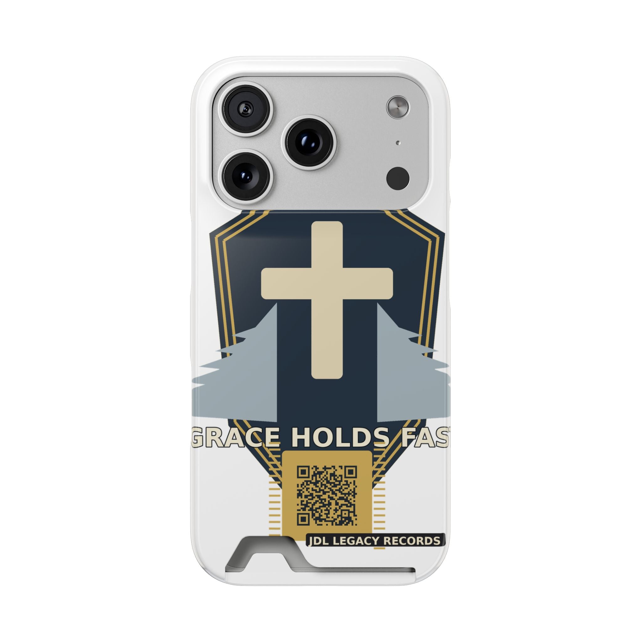 Christian Cross Phone Card Case — "Grace Holds Fast" RFID Cardholder Phone Case