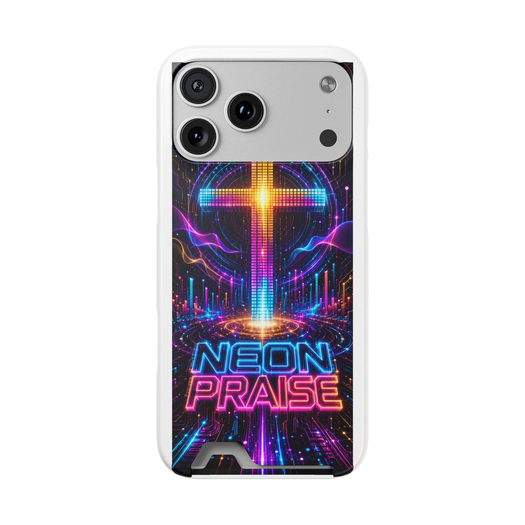 Neon Praise Phone Case with Card Holder — Retro Cross Glow Design