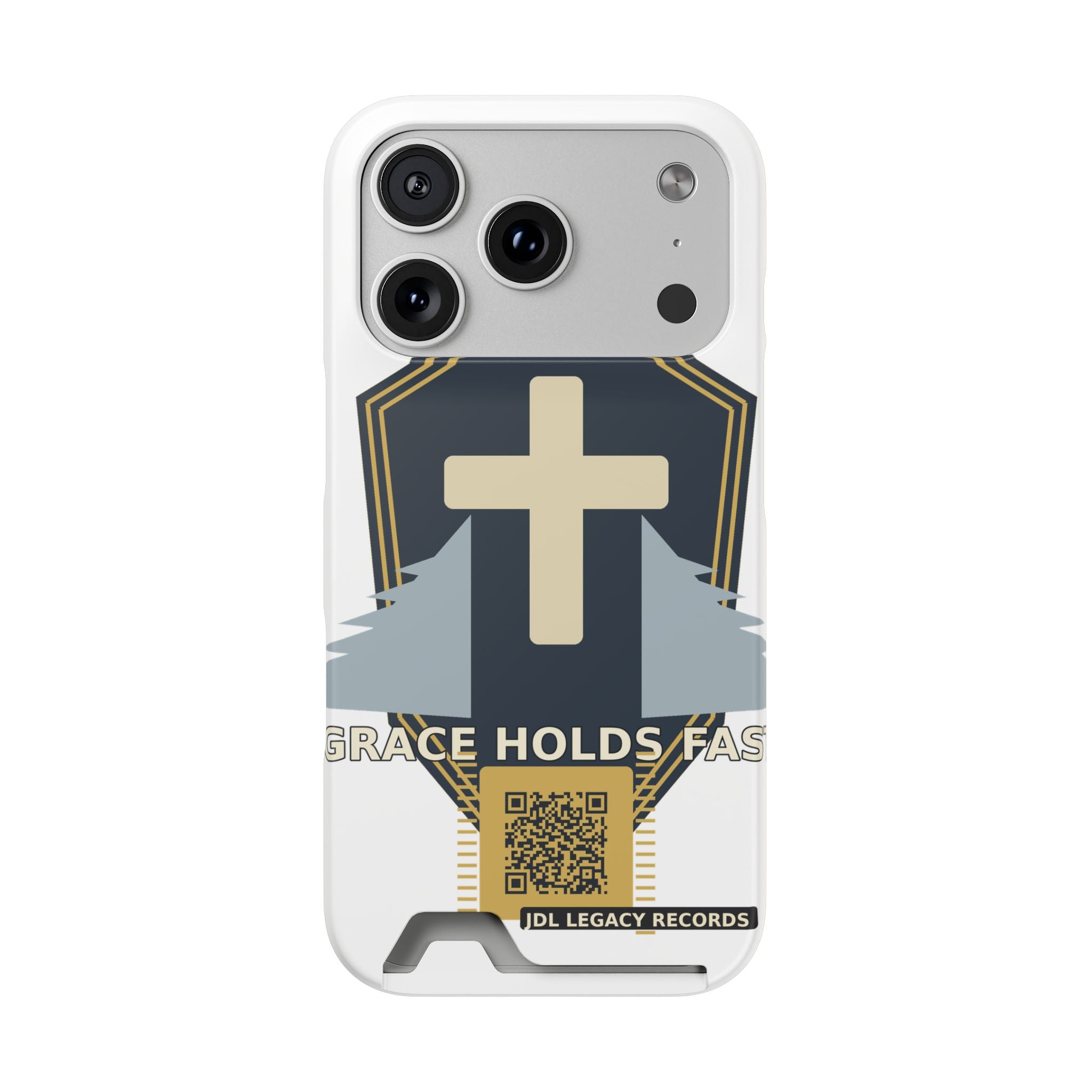 Christian Cross Phone Card Case — "Grace Holds Fast" RFID Cardholder Phone Case