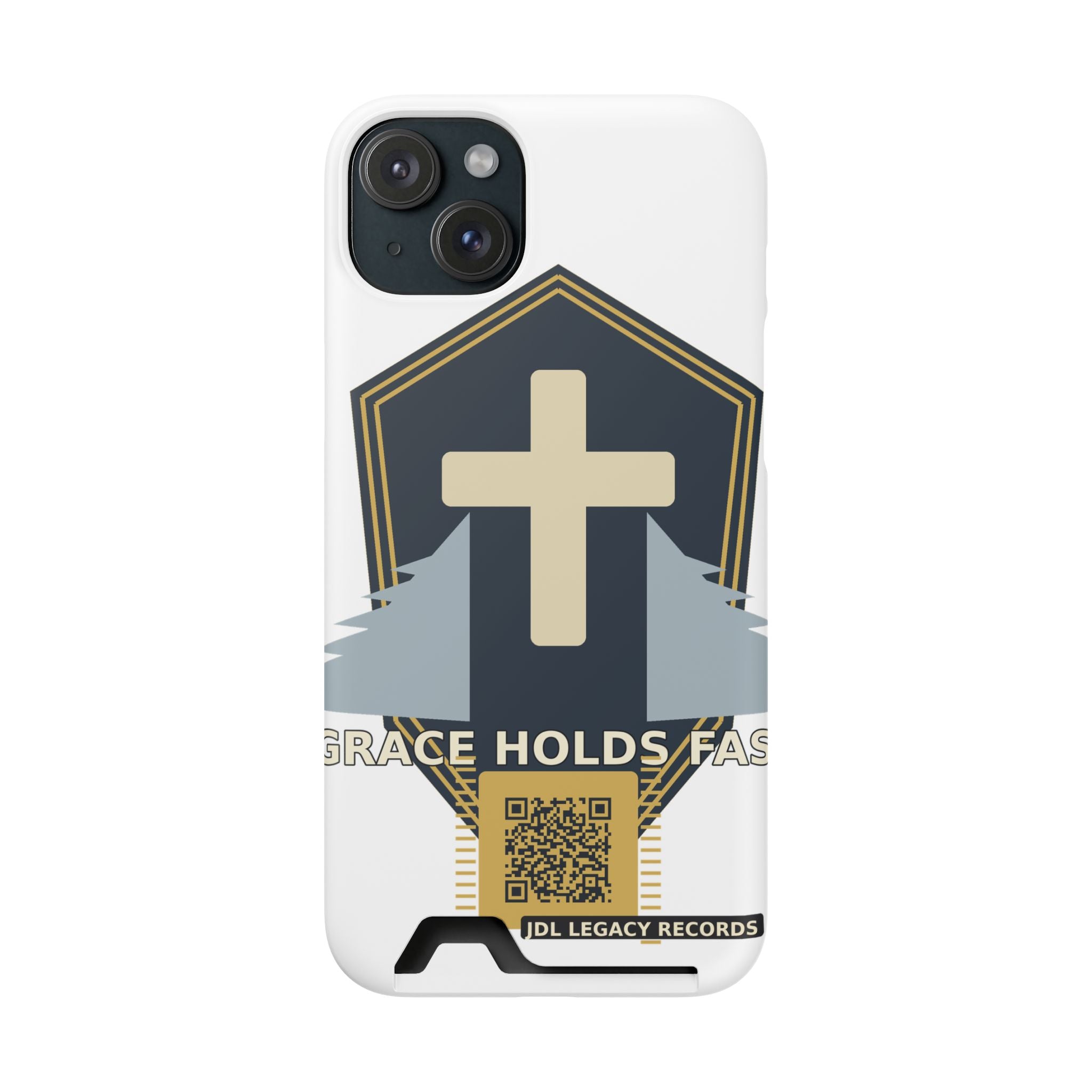 Christian Cross Phone Card Case — "Grace Holds Fast" RFID Cardholder Phone Case