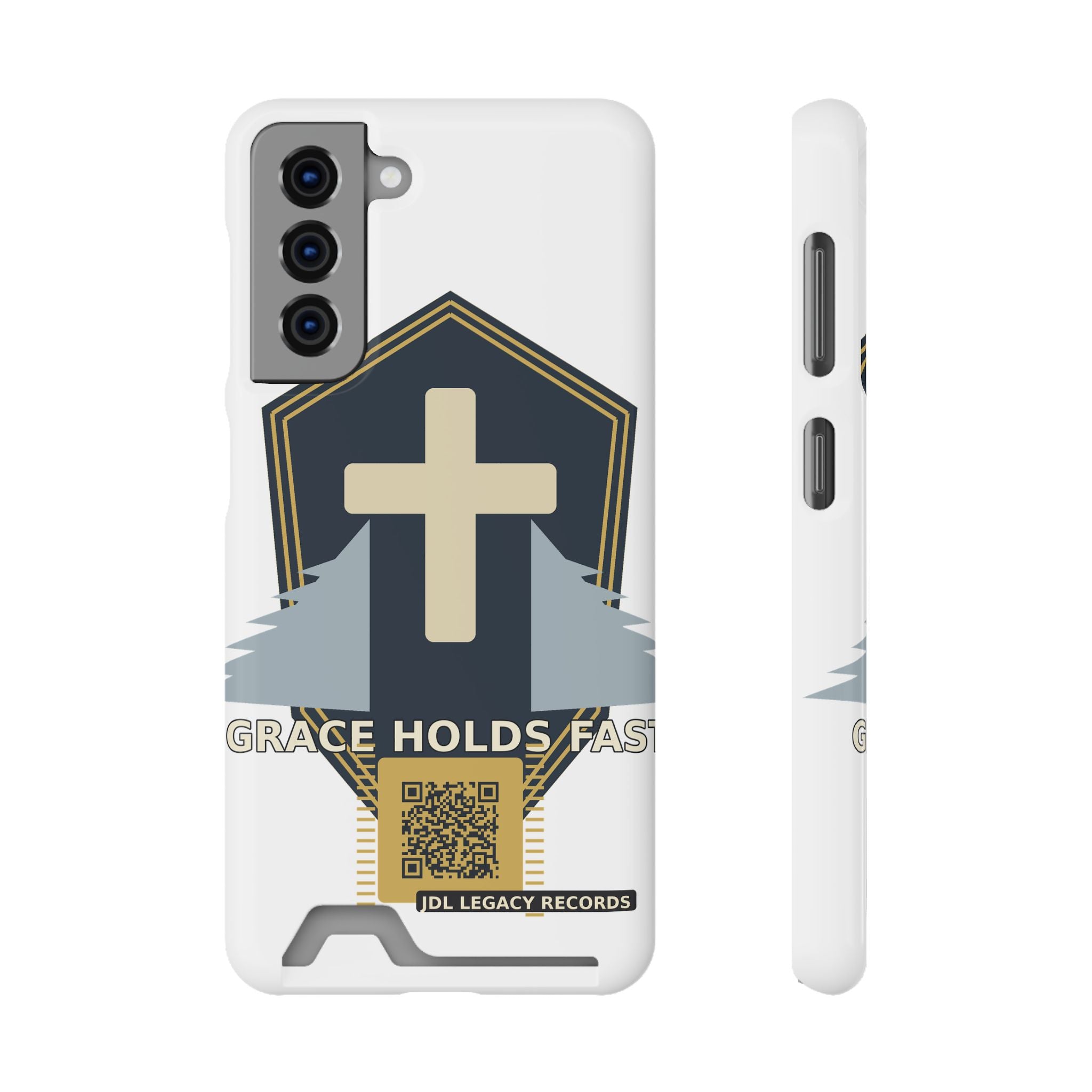 Christian Cross Phone Card Case — "Grace Holds Fast" RFID Cardholder Phone Case