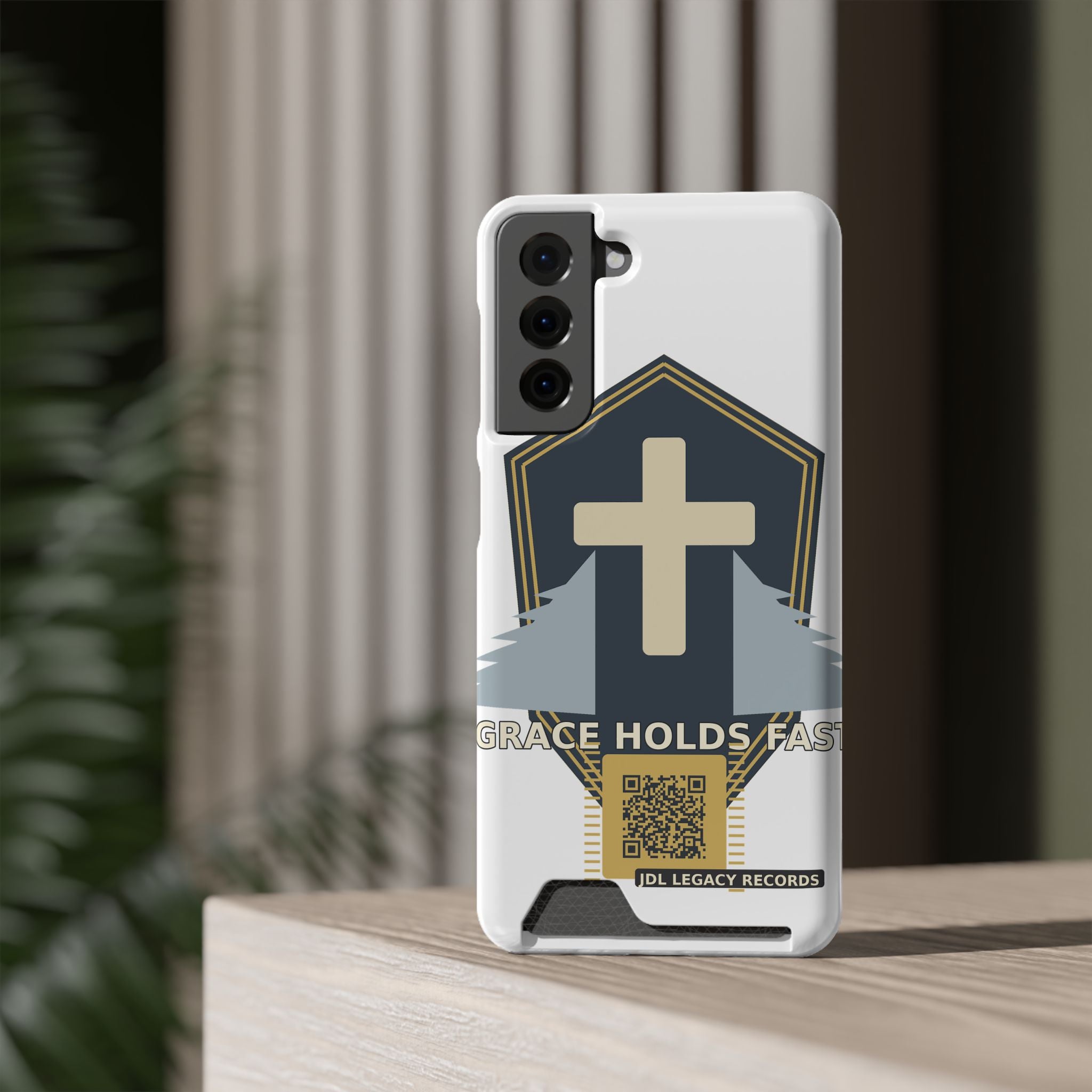 Christian Cross Phone Card Case — "Grace Holds Fast" RFID Cardholder Phone Case