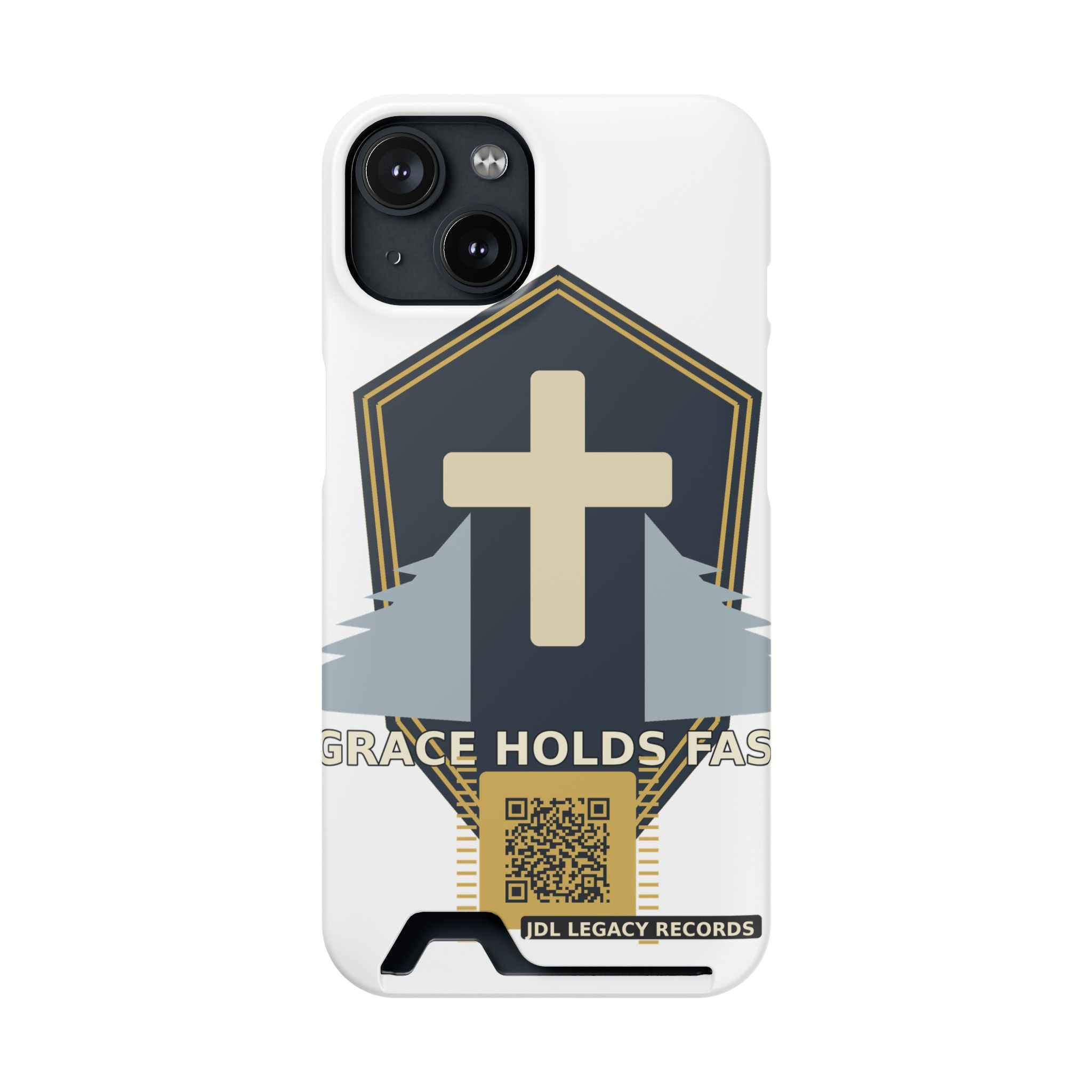 Christian Cross Phone Card Case — "Grace Holds Fast" RFID Cardholder Phone Case