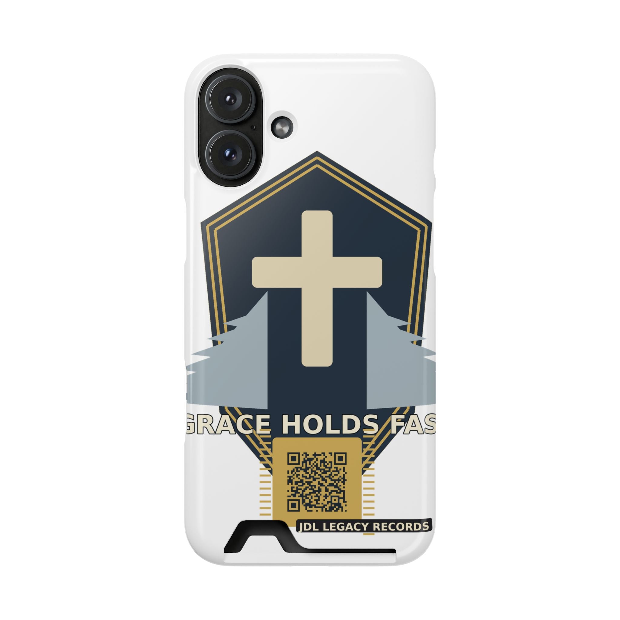 Christian Cross Phone Card Case — "Grace Holds Fast" RFID Cardholder Phone Case