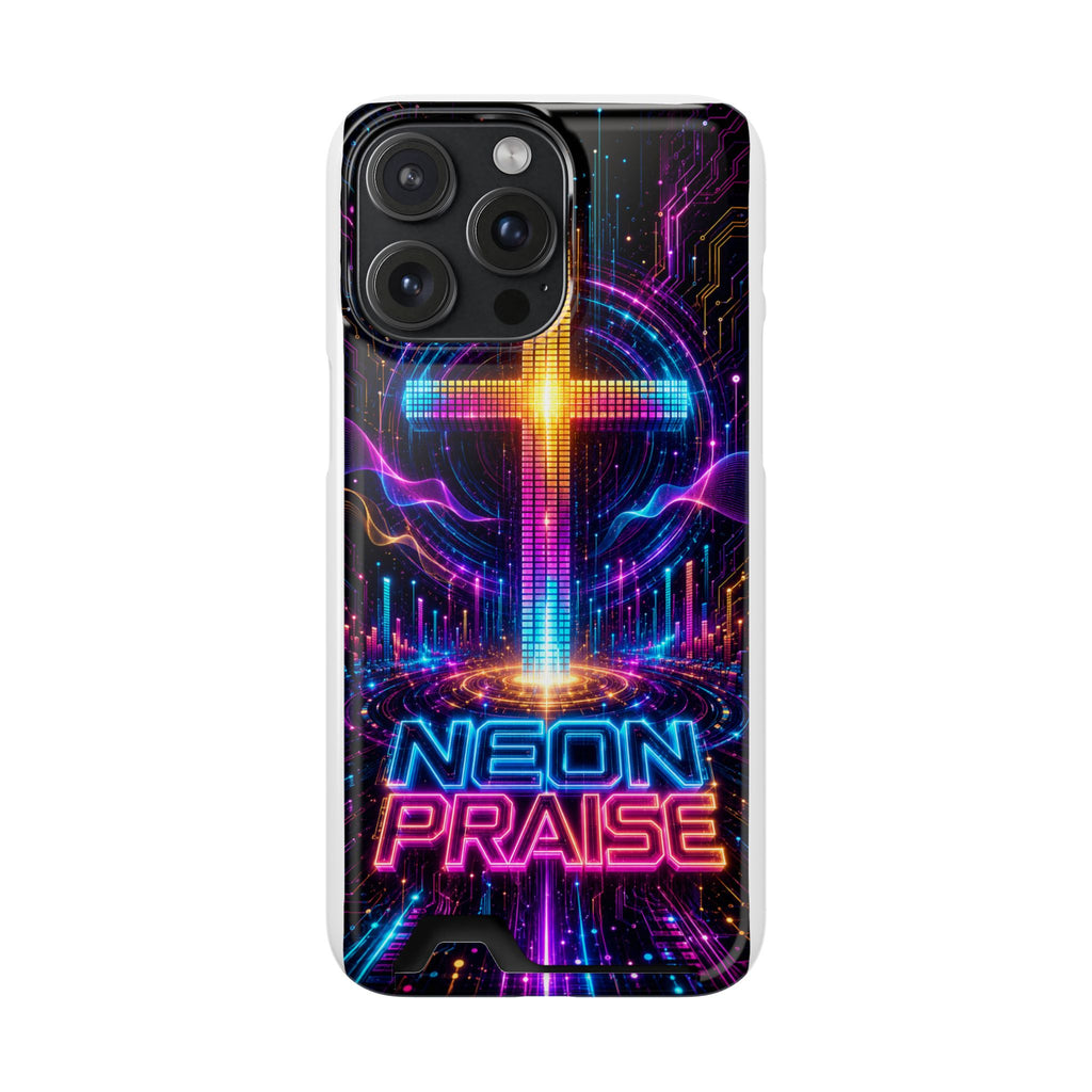 Neon Praise Phone Case with Card Holder — Retro Cross Glow Design