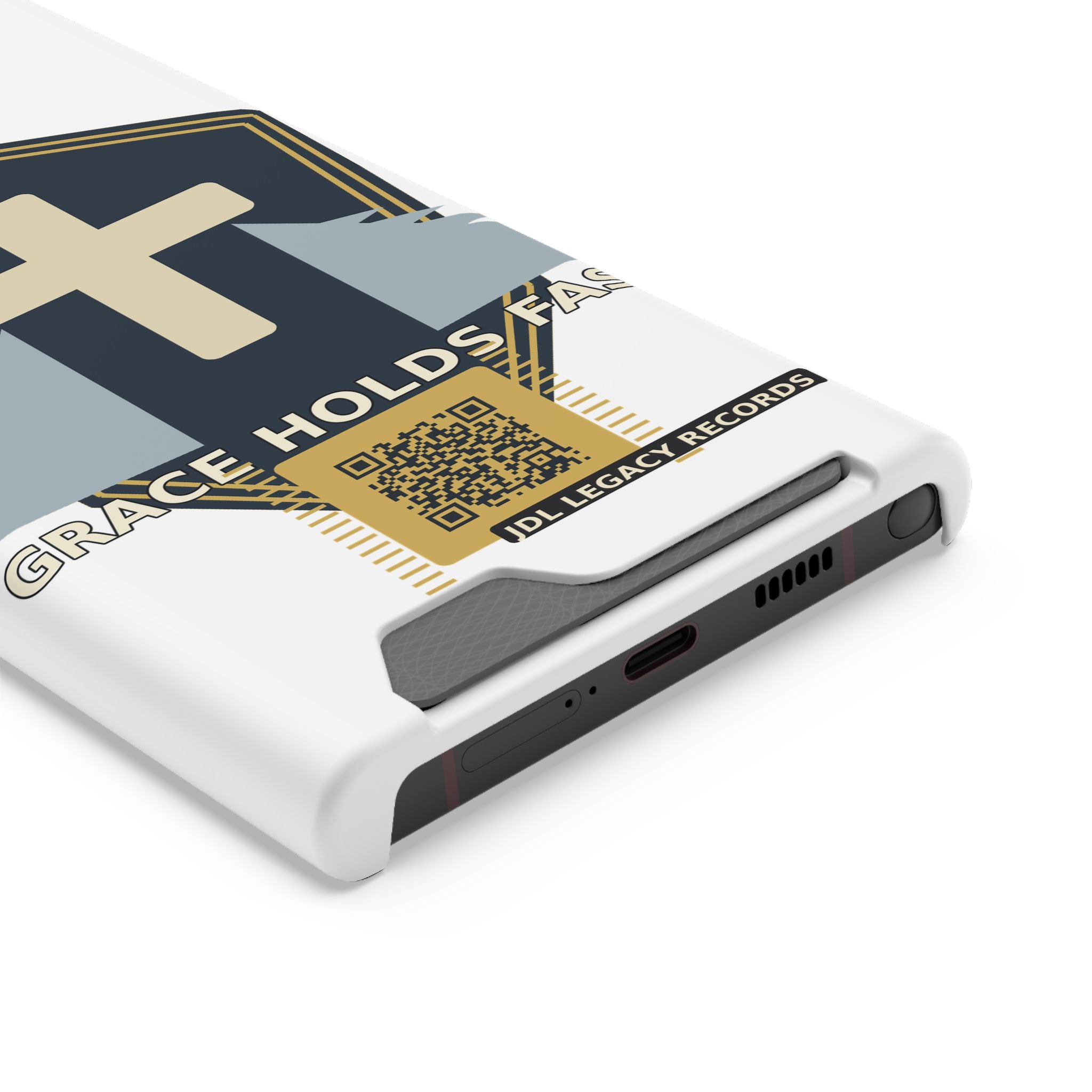 Christian Cross Phone Card Case — "Grace Holds Fast" RFID Cardholder Phone Case